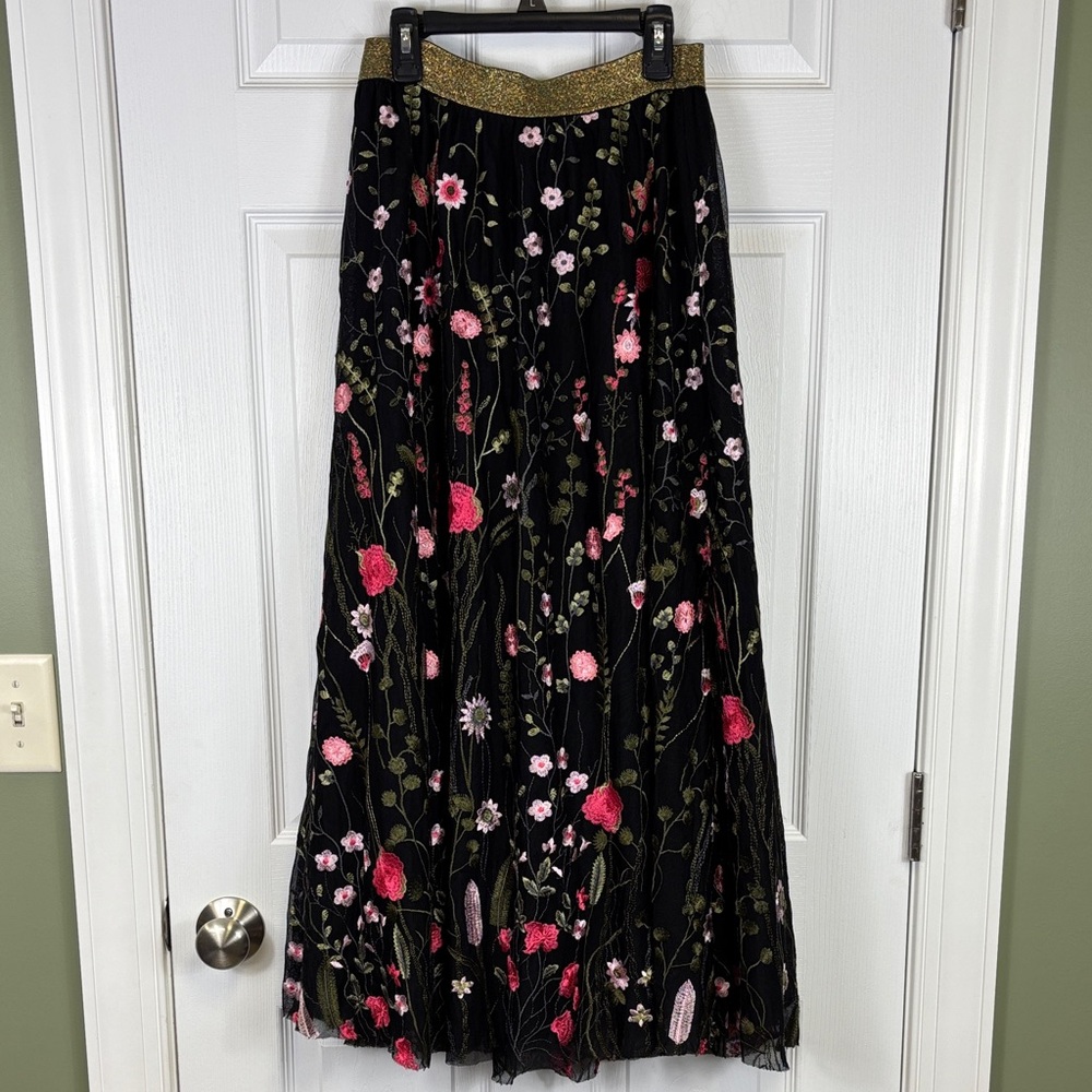 Anthropologie Moulinette Soeurs black floral embroidered maxi skirt sz med - Picture 2 of 8